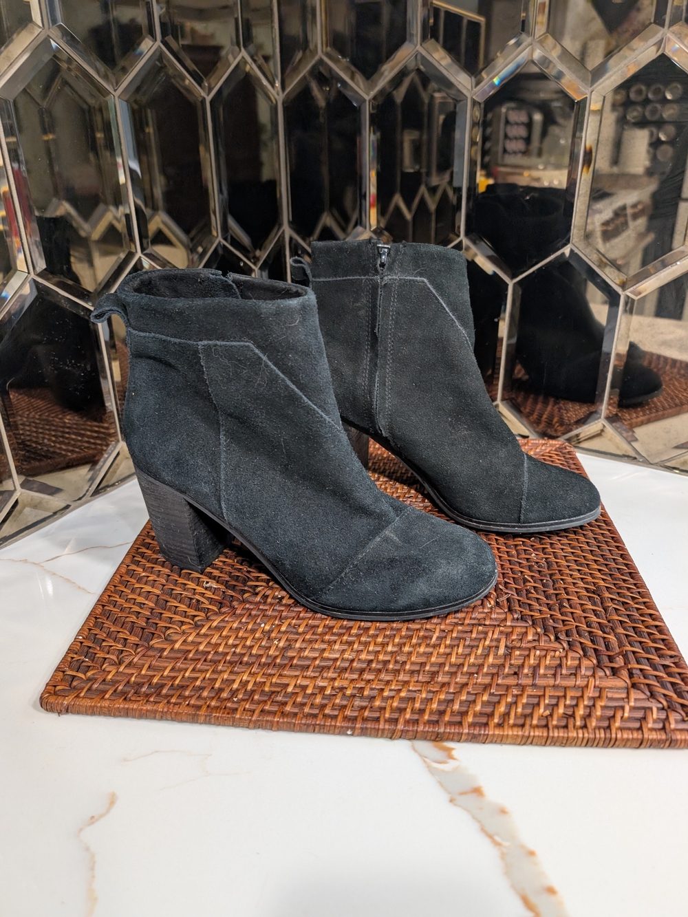 Toms Lunata Women's Black Suede Ankle Boots - Classic Block Heel